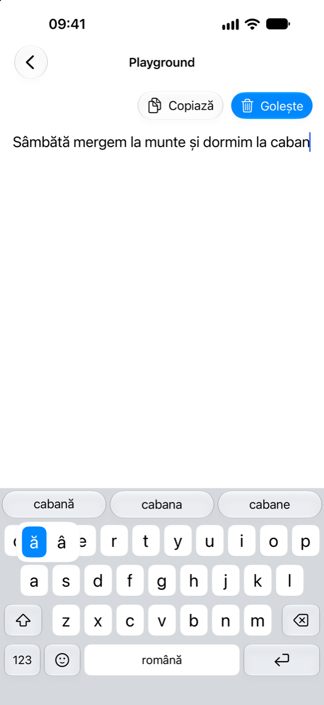Apăsare lungă pe a, cu ă și â