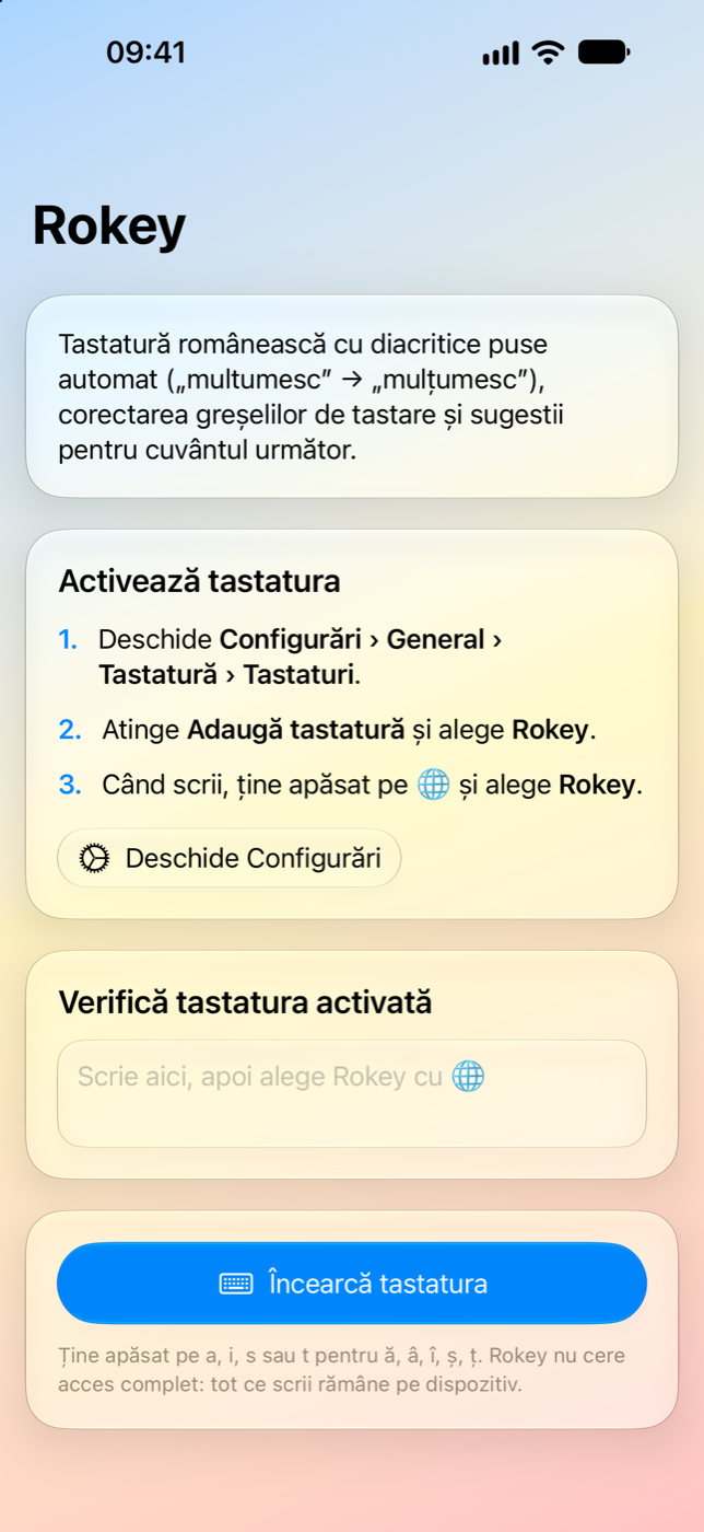 Ecranul de activare al aplicației Rokey
